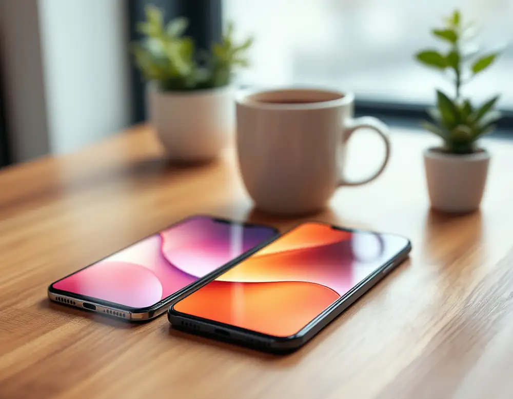 Two phones on a kitchen table: one household app on iPhone and Android