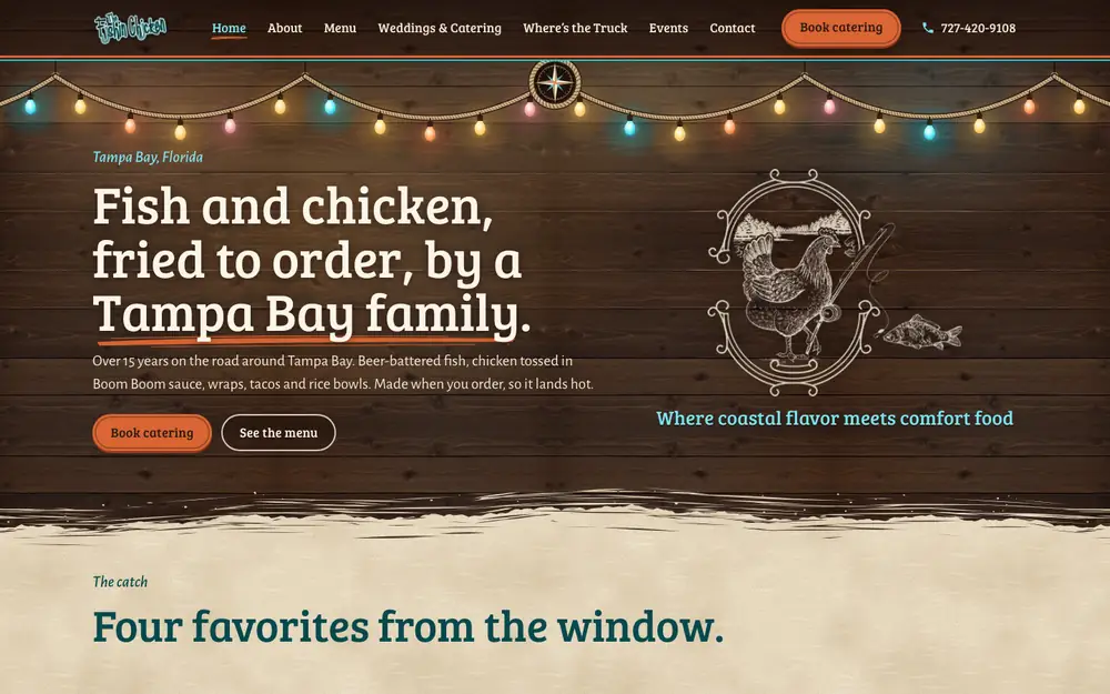The Fishin Chicken website: Tampa Bay food truck and catering, homepage screenshot